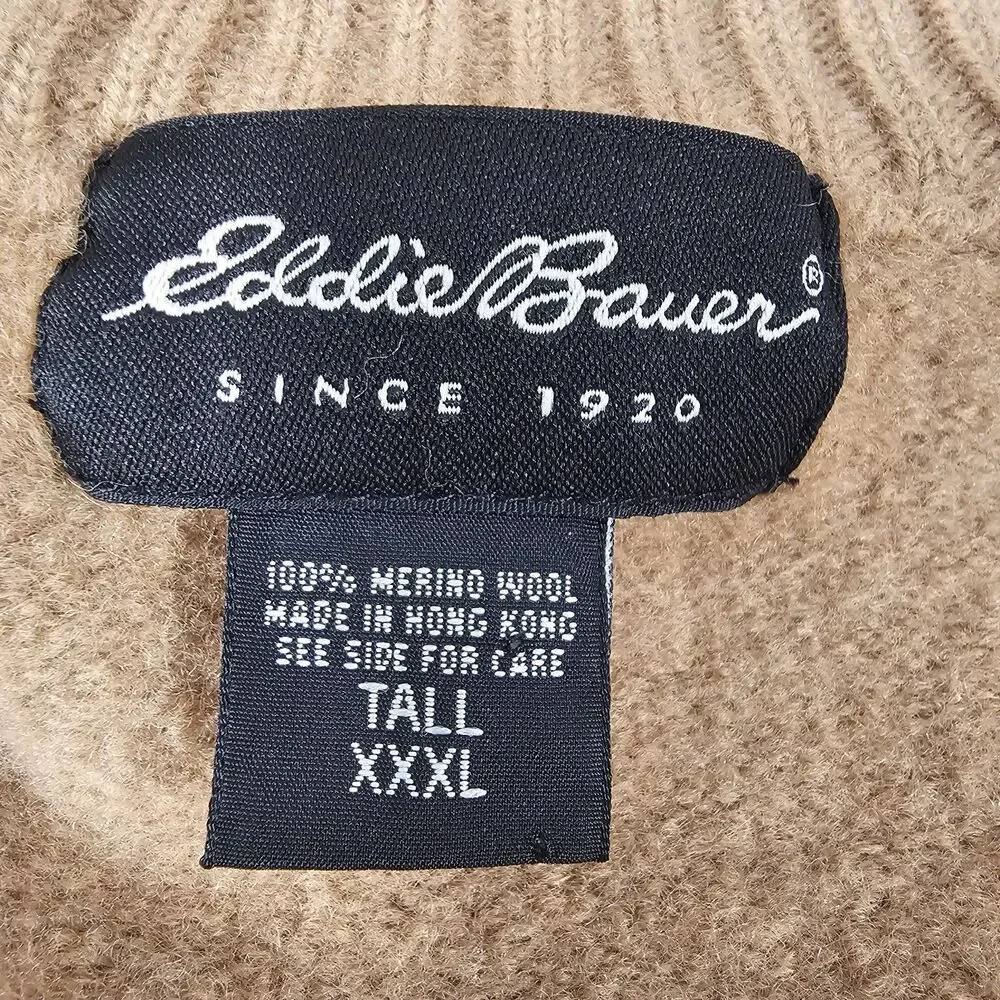 Eddie Bauer Sweater Mens 100% Merino Wool Brown Argyle Zip Mock Neck XXXL TALL